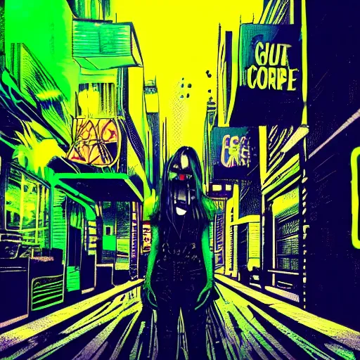 Prompt: a glitchcore punk in black vinyl, in a future sci-fi neon street at night