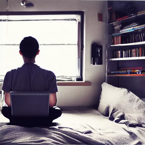 Prompt: a skinny computer nerd guy sitting on the floor of his room, crossed legs, laptop, smartphone, video games, tv, books, potions, jars, shelves, knick knacks, tranquil, calm, sparkles in the air, magic aesthetic, faded effect, photograph, kodak film, realism