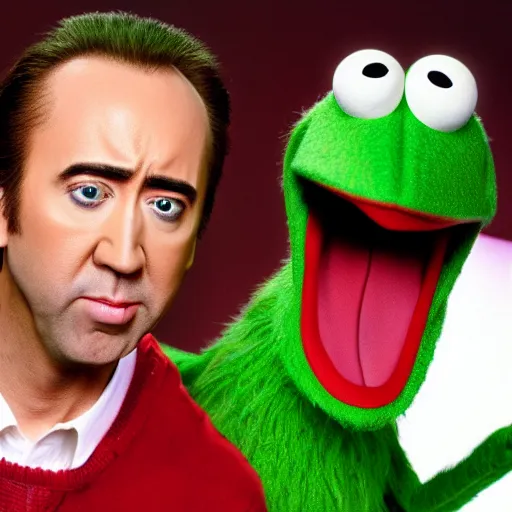 Image similar to an emaciated nic cage playing kermit the frog on sesame street, hd digital photography