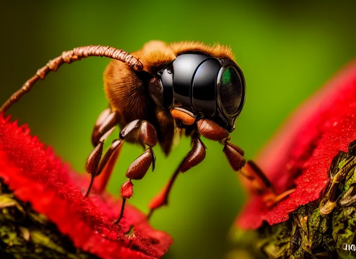 Prompt: super macro of a terminator cyborg hornet drinking from a flower in the forest. fantasy magic style. highly detailed 8 k. intricate. nikon d 8 5 0 3 0 0 mm. award winning photography.