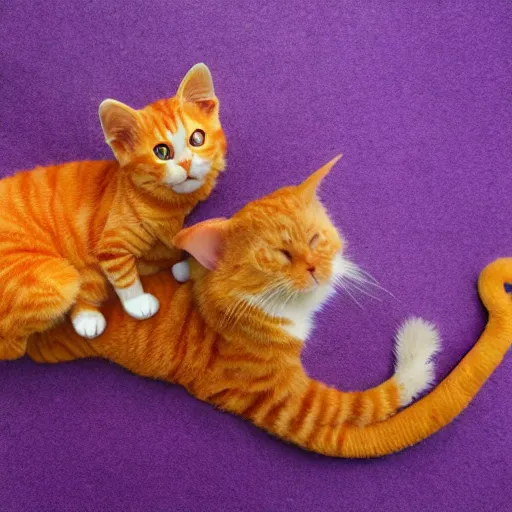 Image similar to tiny adorable purple fantasy dragon cuddles an orange tabby cat, realistic, orange tabby cuddles purple dragon, award - winning photography