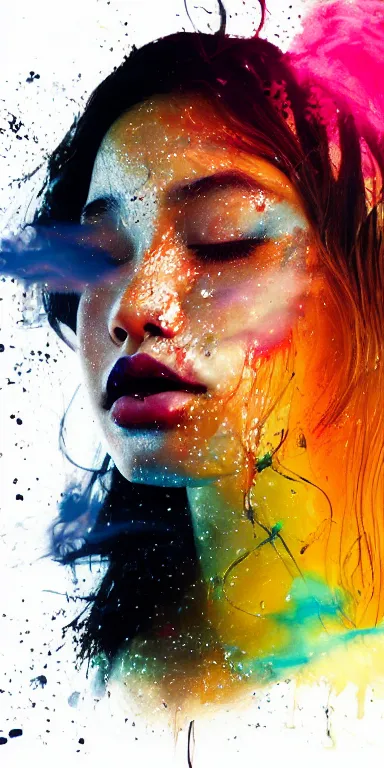 Prompt: dark background, light paint, candid!! long abstract paint portrait of a very very beautiful! young filipino woman with very narrow face, closed eyes and flowing long hair, swirling dreamy smoke and fog is coming from her mouth, face partially obscured, by conrad roset, abstract background, dramatic lighting, minimal art, trending on artstation