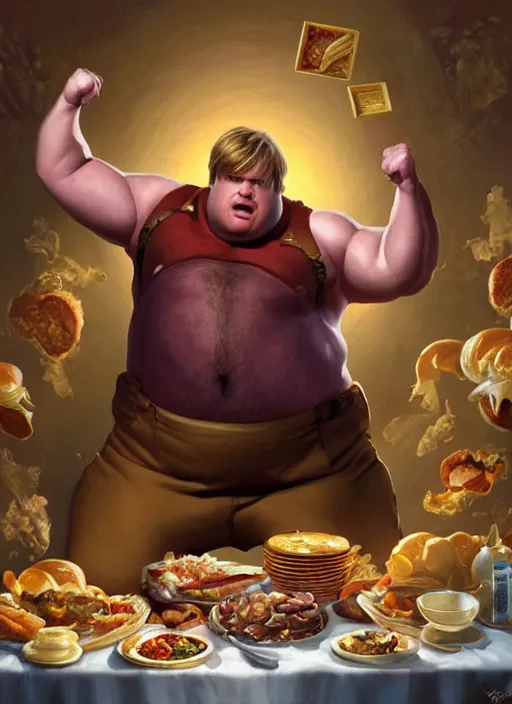 Prompt: chris farley powering up, surrounded by food, romantic painting, elegant intricate digital painting artstation concept art by mark brooks and brad kunkle detailed