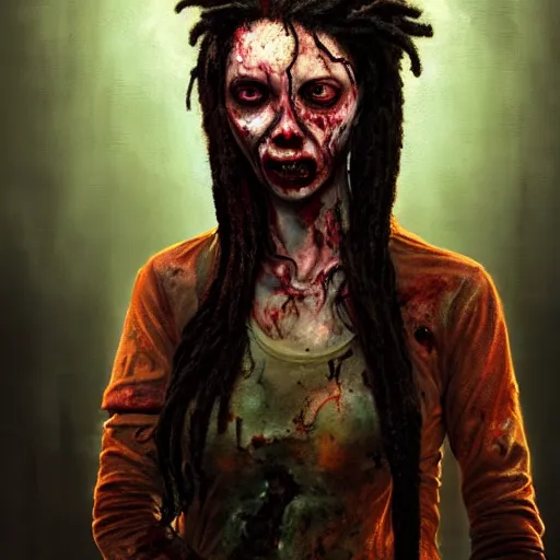 Image similar to color head portrait of young alison shaw from the cranes as a zombie with black dreadlocks, 7 days to die zombie, gritty background, fine art, award winning, intricate, elegant, sharp focus, cinematic lighting, digital painting, 8 k concept art, art by michael hussar, art by brom, art by guweiz and z. w. gu, 8 k