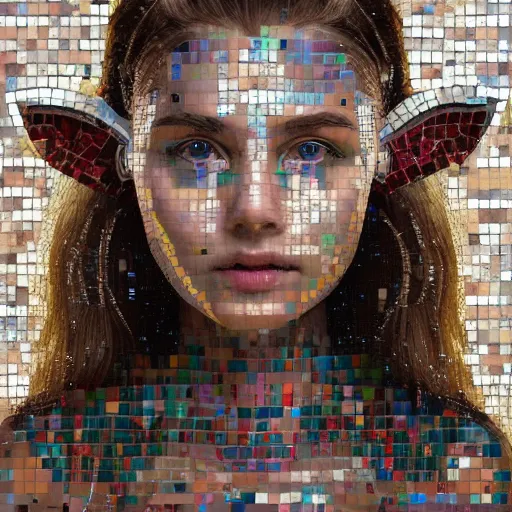 Image similar to mosaic portrait of a beautiful cute girl with robot ears by Saimir Strati, 4k, intricate details, digital, water