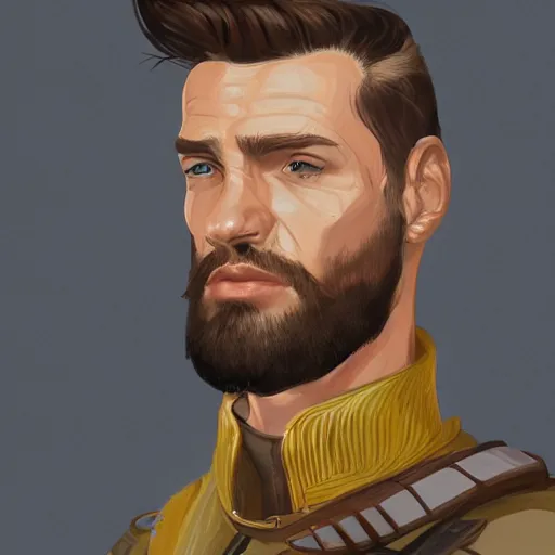 Image similar to portrait of a Germanic man with a beard and flight suit, D&D, sci-fi, elegant, hopeful, muscular, highly detailed, digital painting, artstation, concept art, smooth, sharp focus, illustration