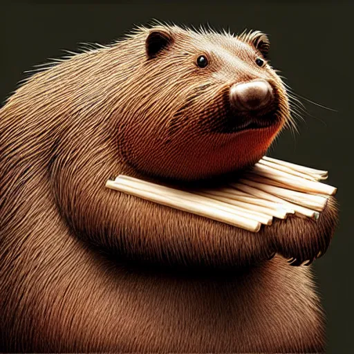 Prompt: photography hyperrealism concept art of anthropomorphic beavers builders that building city with sticks