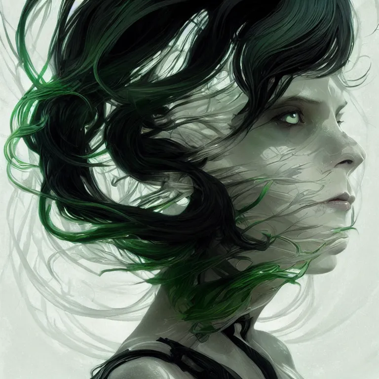 Prompt: Envy is a hue created with swirls of white gouache, mysterious black, and a daub of cold green, intricate, highly detailed, digital painting, artstation, concept art, smooth, sharp focus, illustration, Unreal Engine 5, 8K, art by artgerm and greg rutkowski and alphonse mucha