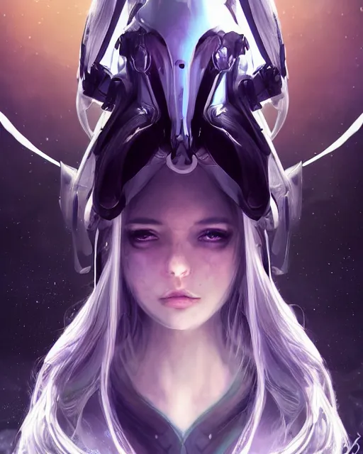 Image similar to perfect android girl on a mothership, warframe armor, beautiful face, scifi, futuristic, galaxy, raytracing, dreamy, digital painting, long white hair, blue cyborg eyes, sharp focus, intricate, highly detailed, artstation, intricate, innocent, art by gauthier leblanc, kazuya takahashi, huifeng huang