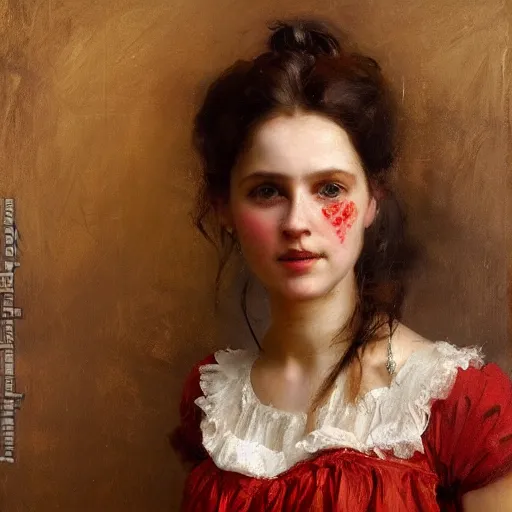 Image similar to Solomon Joseph Solomon and Richard Schmid and Jeremy Lipking victorian genre painting portrait painting of a happy young beautiful woman traditional german french actress model old west character in fantasy costume, red background