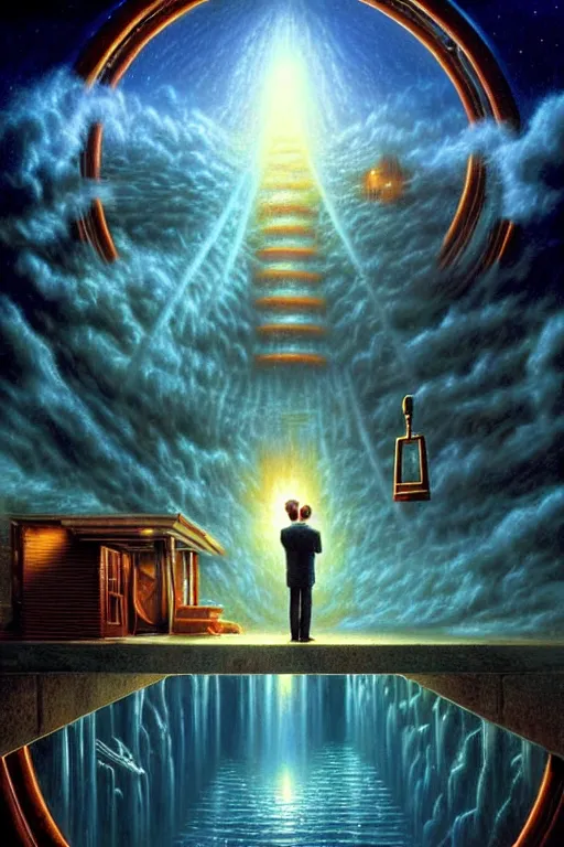 Prompt: a photorealistic detailed cinematic image of a man on his death bed, remembering fond memories, portal to the afterlife. met by friends and family, timeless, overjoyed, emotional by pinterest, david a. hardy, kinkade, lisa frank, wpa, public works mural, socialist