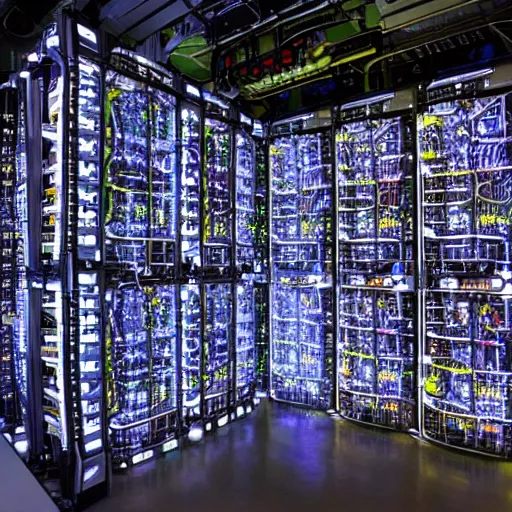 Prompt: diverse groups of humans building the insides of supercomputers, from behind, wide angle, elaborate, highly detailed, beautiful lighting