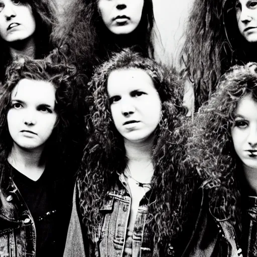 Image similar to group of 1 9 - year - old girls with shaggy wavy hair, wearing double denim, heavy metal band promo, thrash metal band promo, heavy rock band promo photo, 1 9 8 7 photo