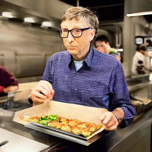 Prompt: depressed bill gates ordering a meatball subway sandwich at midnight, hyper realistic, warm lighting sony 5 0 mm lens