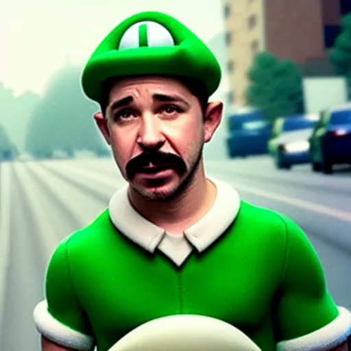 Prompt: uhd candid photo of hyperdetailed shia lebeuouf dressed as luigi. correct face, cinematic lighting, photo by annie leibowitz, and steve mccurry.