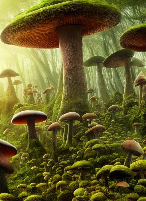 Prompt: a huge mushroom forest, a detailed matte painting by julian allen, cgsociety, fantasy art, matte painting, concept art, daz 3 d