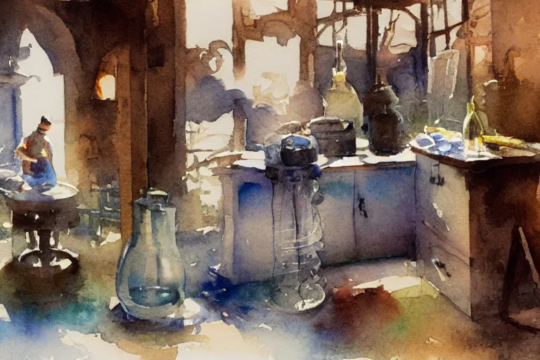 Prompt: small centered on watercolor paper, paint brush strokes, abstract watercolor painting of medieval glassblower with apron, kiln, glow, cinematic light, glass bottle, glass vase, transparent glass, national romanticism by hans dahl, by jesper ejsing, by anders zorn, by greg rutkowski, by greg manchess, by tyler edlin