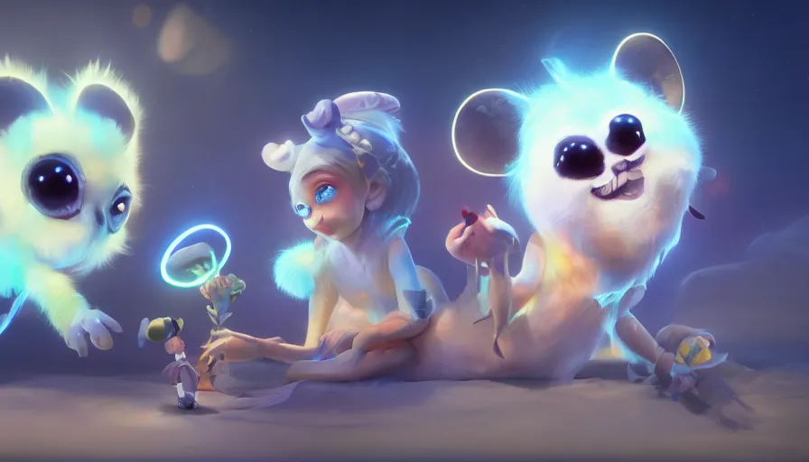 Image similar to a Bioluminescent cute cirsus performers, big disney eyes, fur and cuteness, a lineup of characters, Trending on Artstation, oil on Canvas by Elena Zhurikhina and Goro Fujita and Charlie Bowater, octane render, 4k, 8k, HD