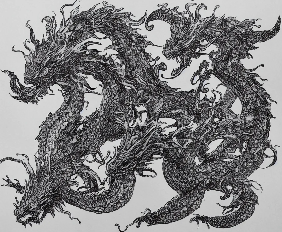 Image similar to an intricately detailed dragon, made from tiny swirls of ink