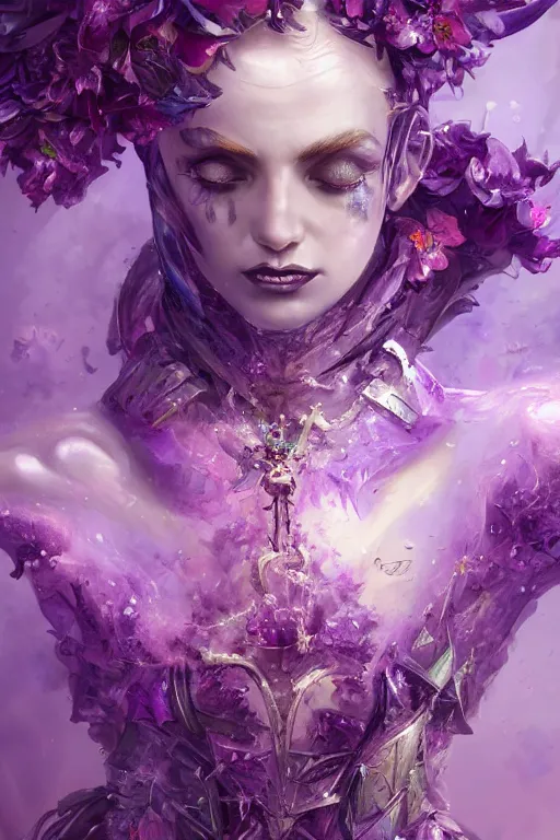 Image similar to torso closeup model wearing demonic crystal dress in purple flowers, sorcerer, diamonds, angel, fantasy, dramatic lighting, highly detailed, digital painting, holding electricity, magic the gathering, hyper detailed, 3 d render, hyper realistic detailed portrait, peter mohrbacher, wlop, ruan jia
