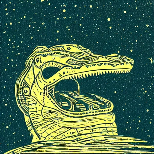 Image similar to Woodcut portrait of a beautiful cute crocodile with robot ears by falling into the stars greg rutkowski, 4k, intricate details