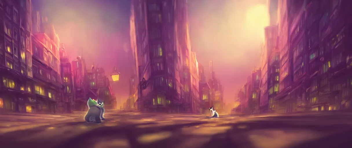 Image similar to hyper detailed concept art of a cute flooffy 3d cat jumping, background the city at night sharp cinematic lighting 8k low angle shallow depth of field