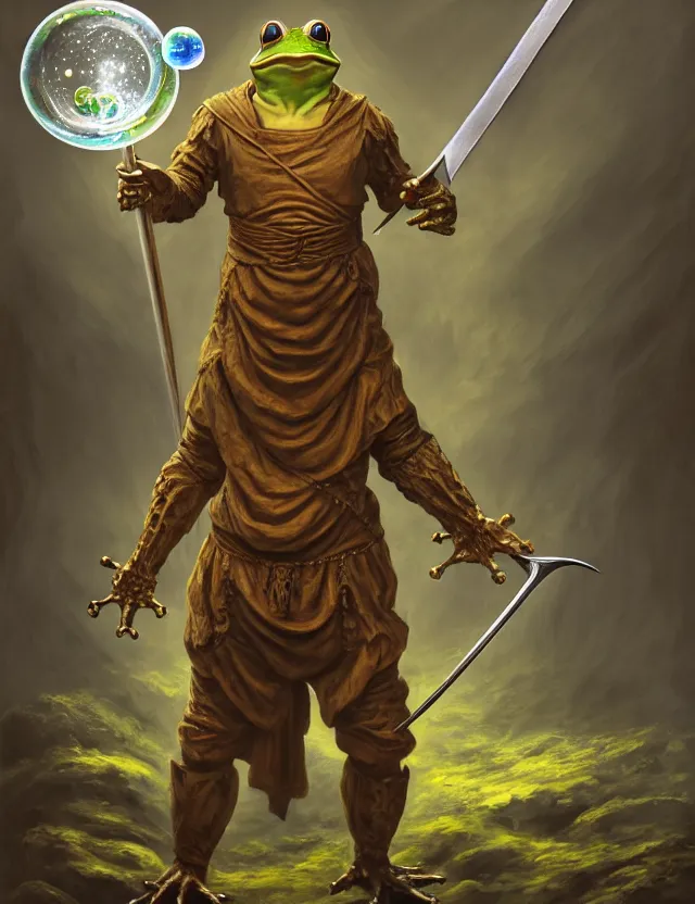 Prompt: anthropomorphic bipedal frog that is dressed as a renaissance monk fighter, and holding a colossal sword, as a matte oil painting and d & d character art, by alex grey, standing, fullbody, floating bubbles, mystic, fog, fractals, spirals, vibrant, concept art, award - winning, extremely detailed, sharp focus
