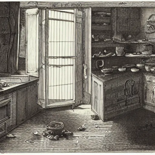 Image similar to kitchen of an abandonded house, illustration by Gustav Doré