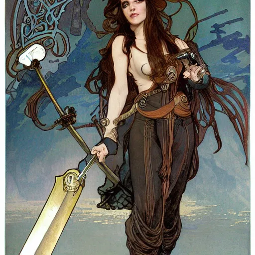 Prompt: a rogue thief wearing a trenchcoat, long brown hair and electric sword, RPG, by Alphonse Mucha, Ayami Kojima, Amano, Charlie Bowater, Karol Bak, Greg Hildebrandt, Jean Delville, and Mark Brooks, Art Nouveau, Pre-Raphaelite, Neo-Gothic, gothic, Art Nouveau, rich deep moody colors