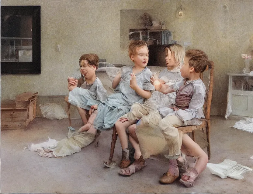 Image similar to kids playing in country house, cottage core, cinematic focus, polaroid photo bleached vintage pastel colors high - key lighting, soft lights, foggy, by steve hanks, by lisa yuskavage, by serov valentin, by tarkovsky, 8 k render, detailed, oil on canvas