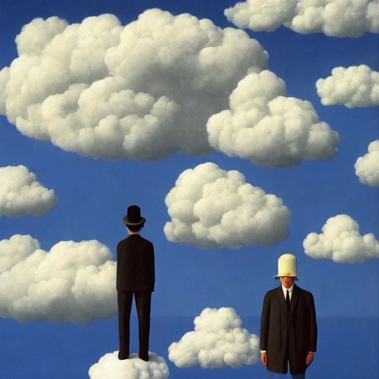 Image similar to cloud - man, by rene magritte, centered, detailed painting, hd, hq, high resolution, high detail, 4 k, 8 k