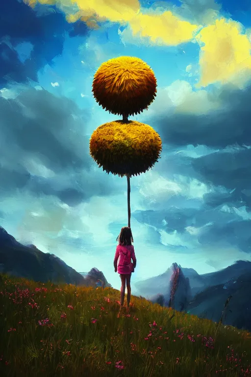 Image similar to giant daisy flower head, girl hiking in the mountains, surreal photography, sunrise, dramatic light, impressionist painting, colorful clouds, digital painting, artstation, simon stalenhag