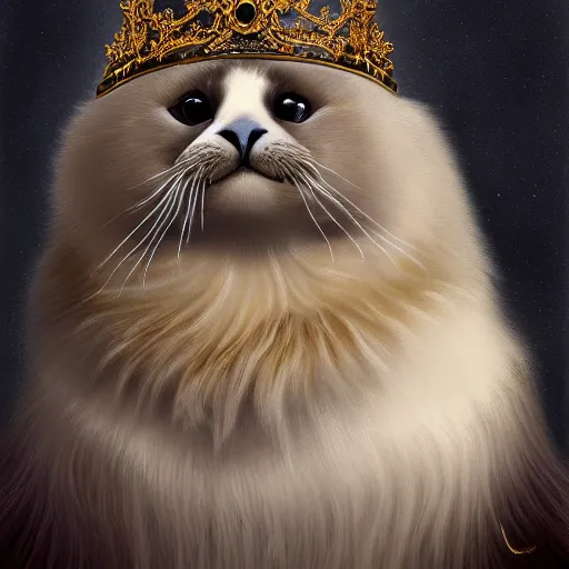 Image similar to an oil painting portrait of a long haired fluffy seal bicolor ragdoll cat wearing medieval royal robe and an ornate crown on a dark space background digital Art, concept Art, highly detailed, 3-D 4K, trending on art station, Mark Brooks,