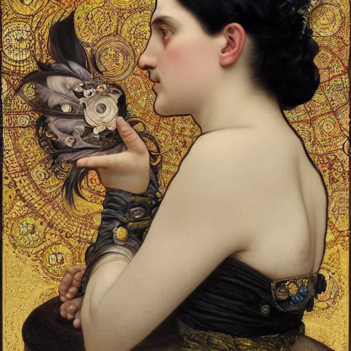 Image similar to highly detailed portrait of adolf hitler as a beautiful cute girl with feathers, endless black hair, with pale skin, fibonacci, fragile, sitted on an intricate stone throne by alphonse mucha, nicola samuri, dino valls, m. w. kaluta, rule of thirds, seductive look, 4 k resolution