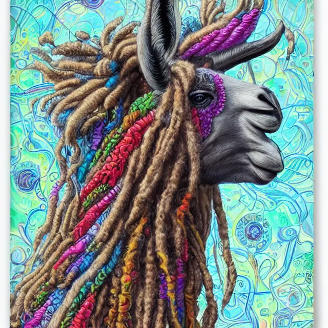 Image similar to llama with dreadlocks, colorful, detailed by ernst haeckel, artgerm, james jean