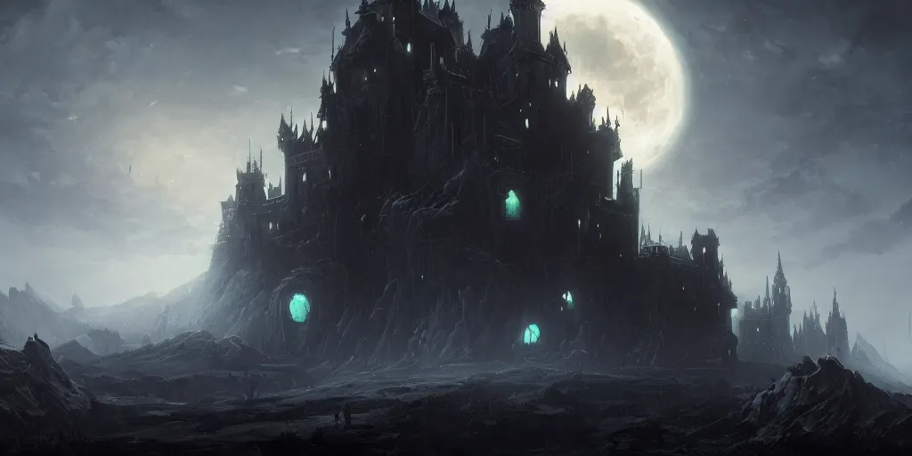 Image similar to black majestic fantasy fortress under a pale moon in the style of marcin rubinkowski, greg rutkowski, lorenzo lanfranconi, oleg zherebin, trending on artstation, ultra wide angle