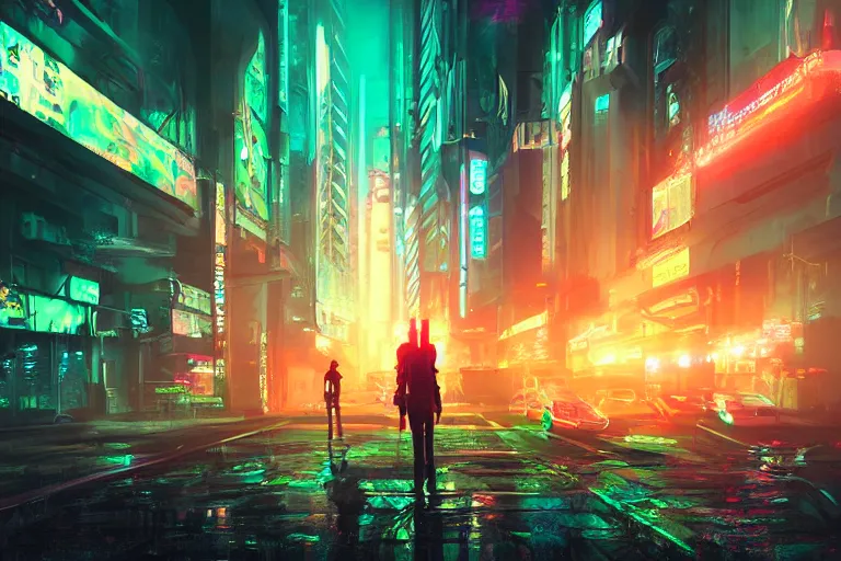 Image similar to artwork of bright cyberpunk glow, epic mysterious surrealism, digital matte painting in the style of liam wong