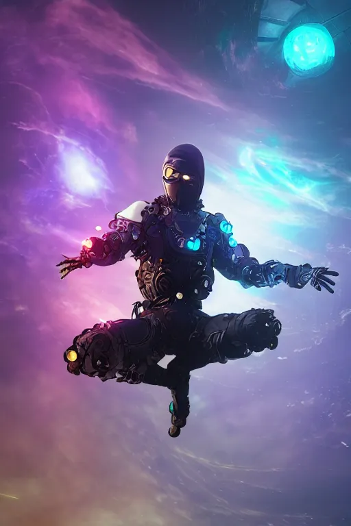 Image similar to ninja cyborg floating in space letting go of reality and experiencing the quantum feild, matte painting comic book art, cinematic, highly detailed, realistic, beautiful cosmic neural network, octane render, unreal engine, depth of field, trending on artstation, sharp focus, philosophical splashes of colors