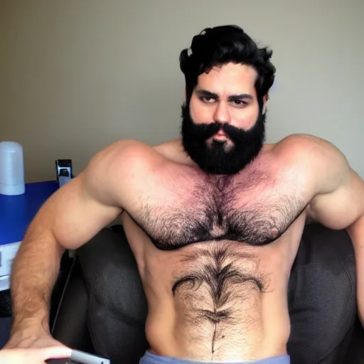 Image similar to a chad with wavy black hair and a beard. muscular. godlike. using a computer.