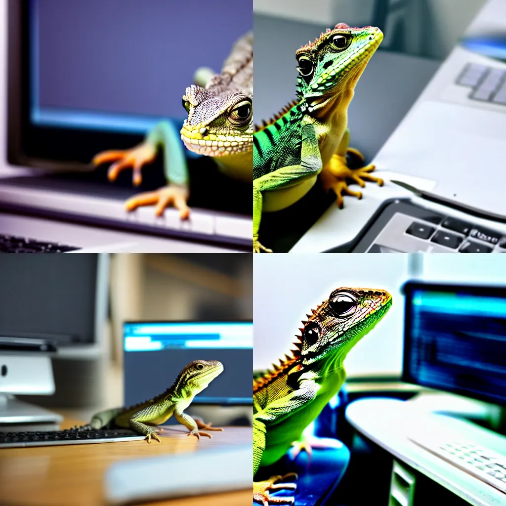 Prompt: a photo of a cute lizard doing data analysis at a computer workstation