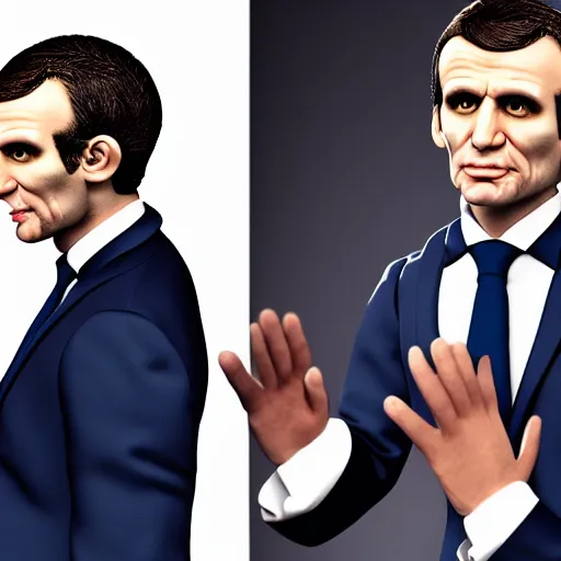 Prompt: Emmanuel Macron puppet, realistic, photo studio, HDR, 8k, trending on artstation