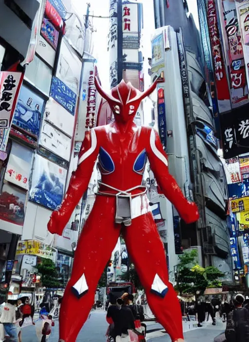 Prompt: The giant kyodai hero Ultraman was fighting with Zetton in the streets of Tokyo.Ultraman style.