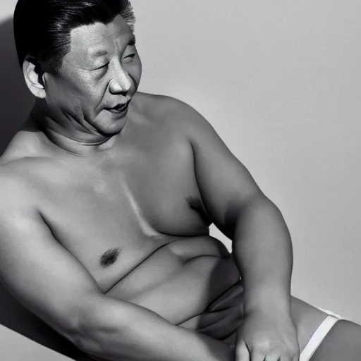 Prompt: Photo of Xi Jinping in swimsuit, soft studio lighting, photo taken by Martin Schoeller for Abercrombie and Fitch, award-winning photo, 24mm f/1.4