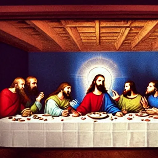 Prompt: a photograph of jesus and his disciples having the last supper at dave and busters restaurant