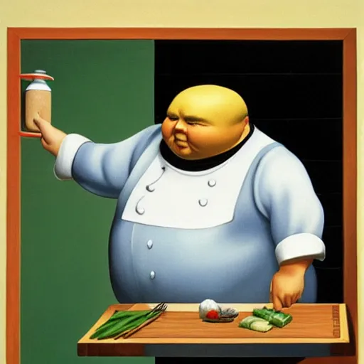 Image similar to a very fat chef offers you cheese by Raphael, Hopper, and Rene Magritte. detailed, romantic, enchanting, trending on artstation.