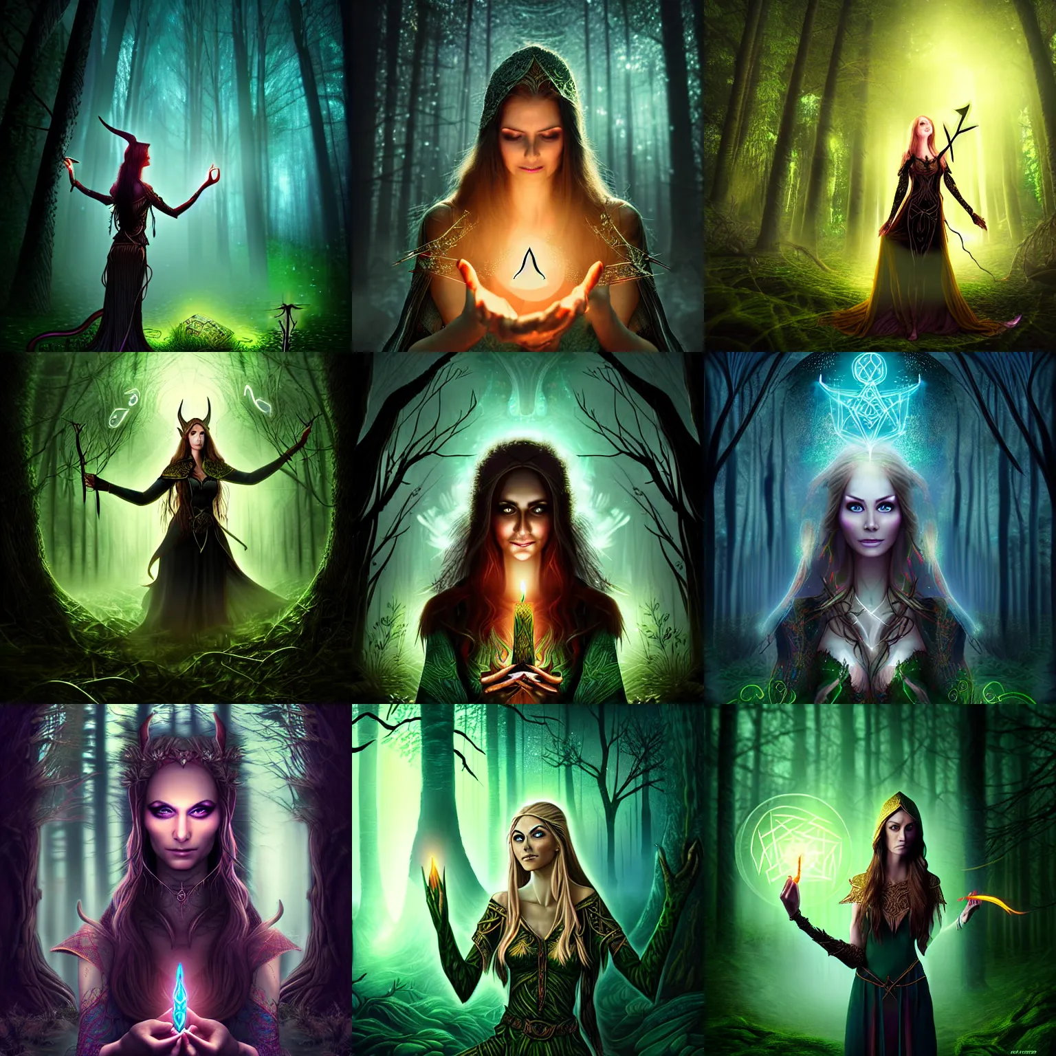 Prompt: elven woman casting a powerful spell in a dark forest at night, faraway view, magic runes, high quality digital art, intricate, detailed