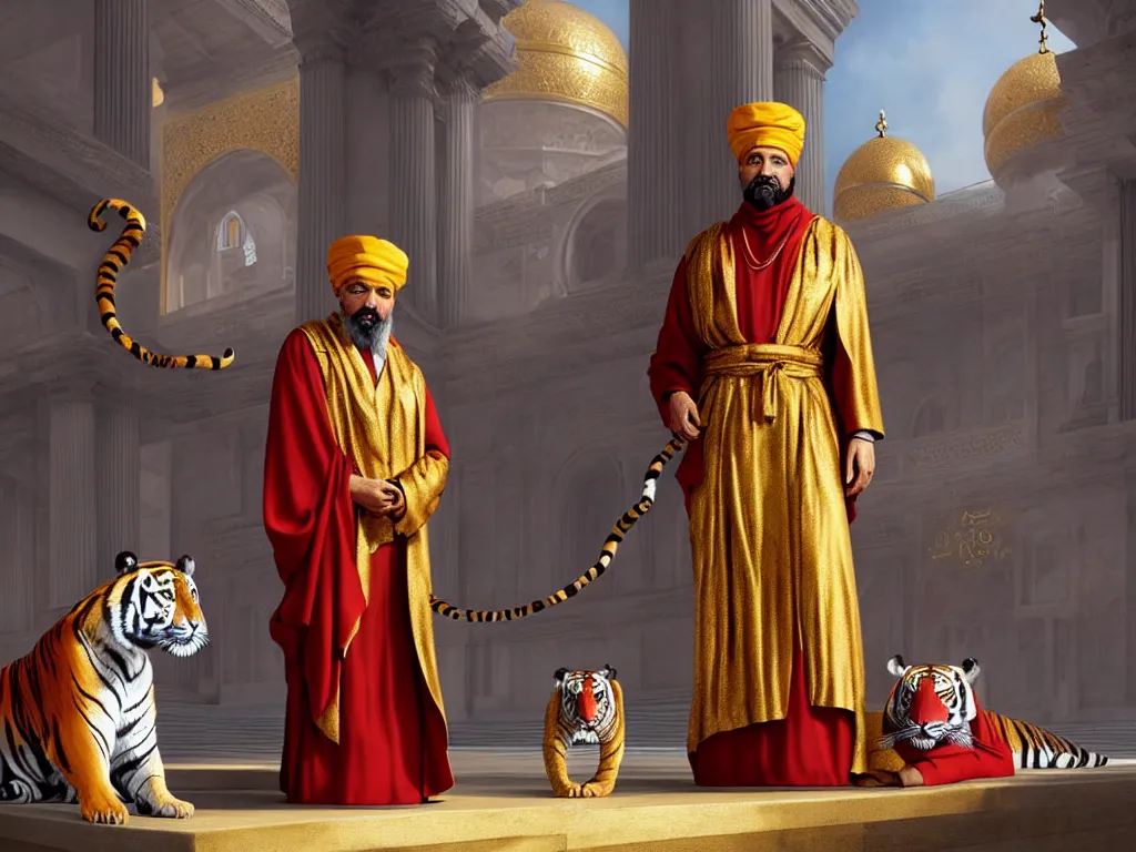 Prompt: moor with fez and turban in gilded silken robes with pet tiger at his side in front of immaculate palace intricate. highly detailed highly detailed, photorealistic, octane render, 8 k, unreal engine. art by artgerm and greg rutkowski and wayne barlowe