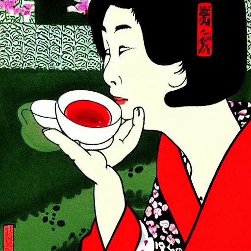 Image similar to Beautiful Japanese woman drinking tea with a snake by Toshio Saeki ultra high detailed