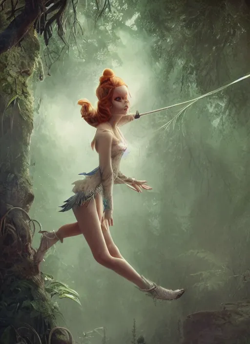 Image similar to evil tinker bell flying in an enchanted forest, flawless symmetrical pretty cute face, greg rutkowski, 8 k, shallow depth of field, intricate detail, concept art,