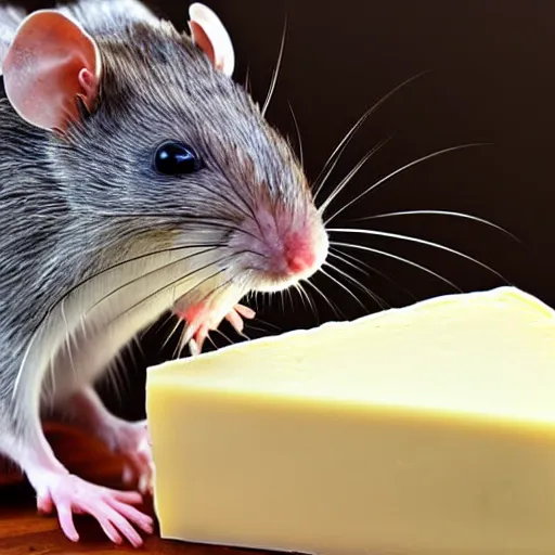 Prompt: a rat ppicking up cheese